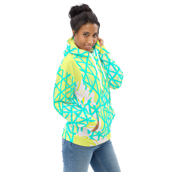 Womens Graphic Hoodie Cyan Blue Lime Green and White Pattern