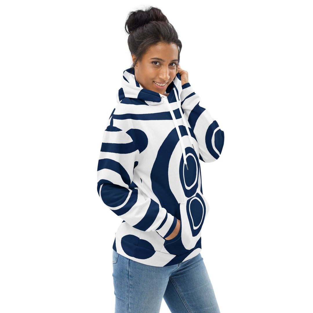 Womens Graphic Hoodie Navy Blue and White Circular Pattern