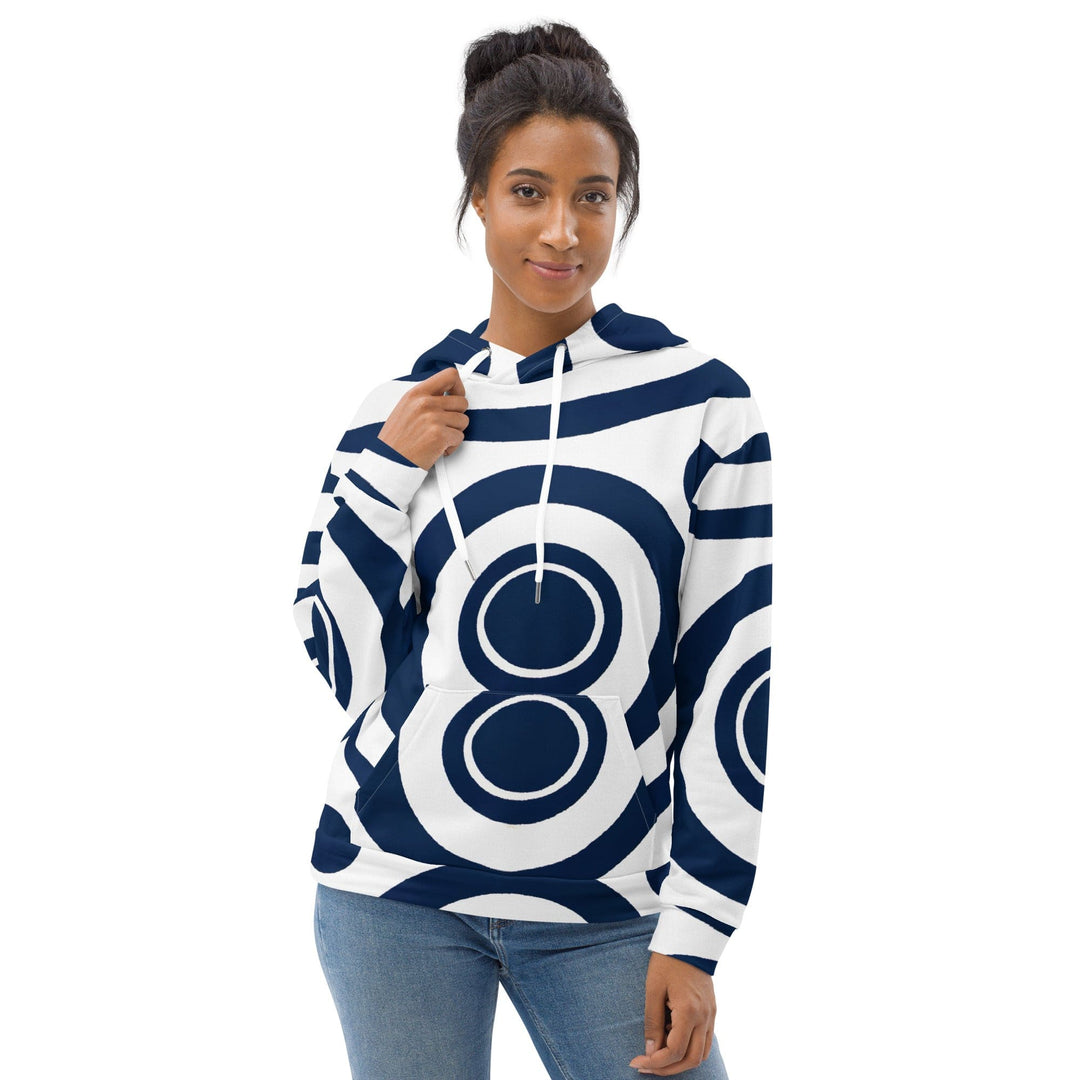 Womens Graphic Hoodie Navy Blue and White Circular Pattern