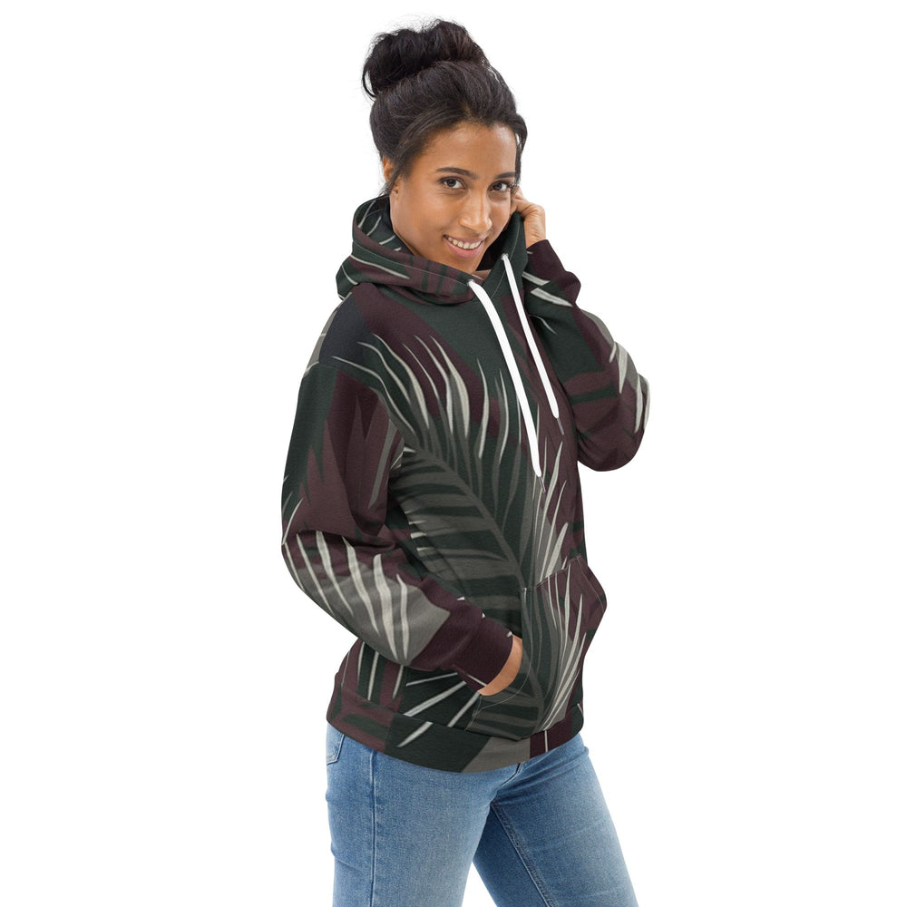 Womens Graphic Hoodie Palm Tree Leaves Maroon Green Background