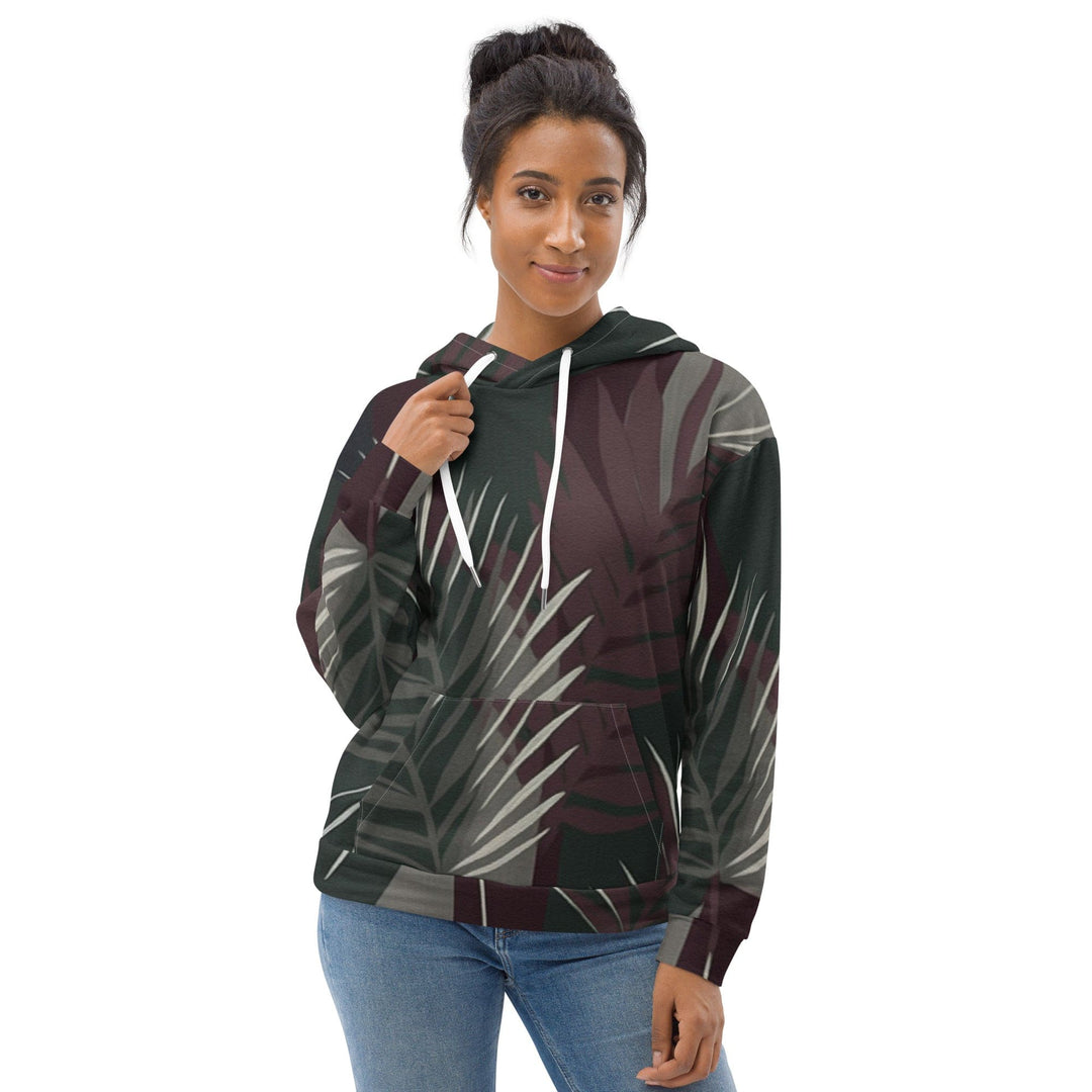 Womens Graphic Hoodie Palm Tree Leaves Maroon Green Background