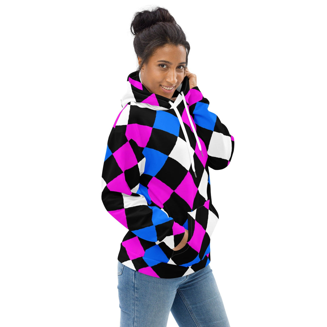Womens Graphic Hoodie Pink Blue Checkered Pattern