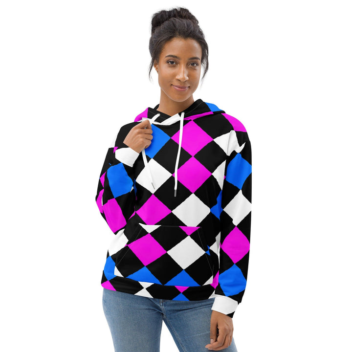 Womens Graphic Hoodie Pink Blue Checkered Pattern