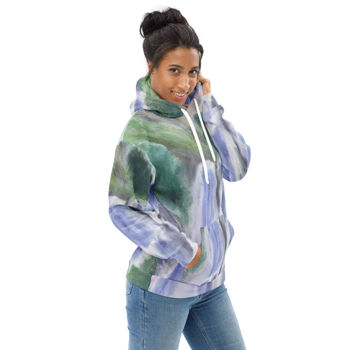 Womens Graphic Hoodie Purple Watercolor Waterfall Green Landscape