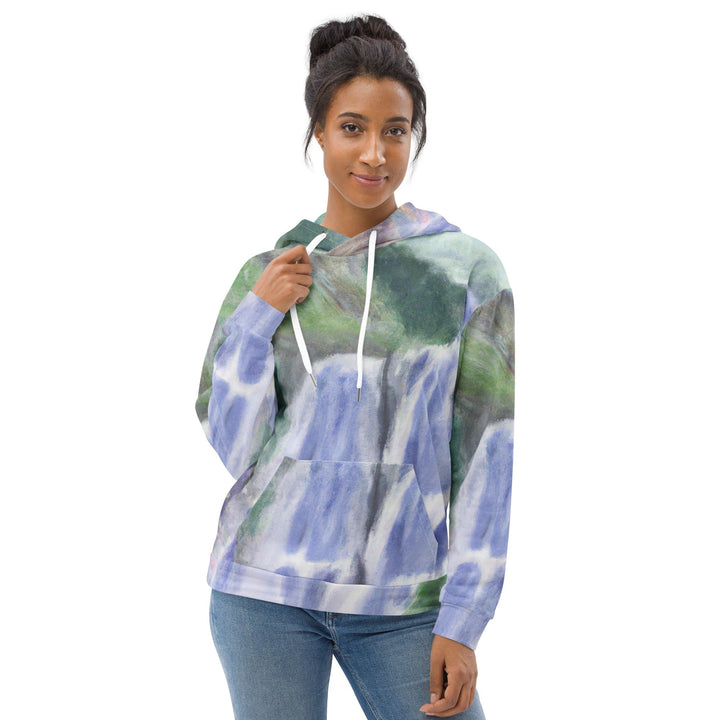 Womens Graphic Hoodie Purple Watercolor Waterfall Green Landscape