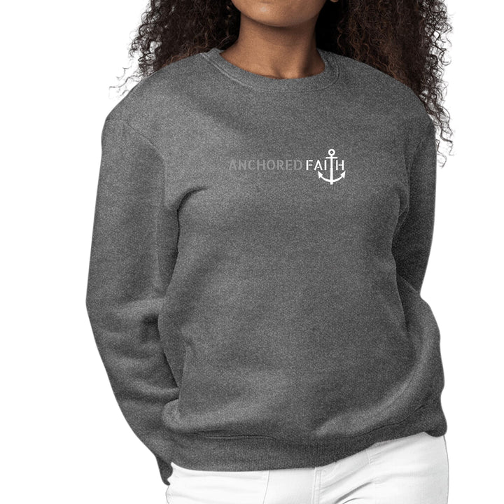 Womens Graphic Sweatshirt Anchored Faith Grey and White Print - Womens