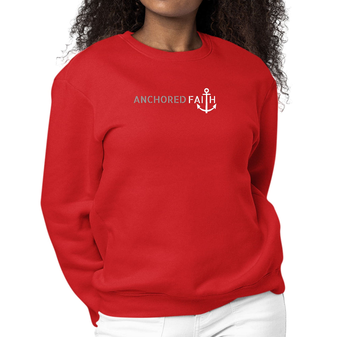 Womens Graphic Sweatshirt Anchored Faith Grey and White Print - Womens