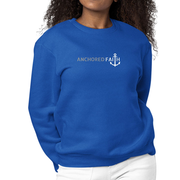 Womens Graphic Sweatshirt Anchored Faith Grey and White Print - Womens