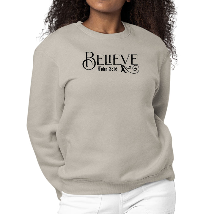 Womens Graphic Sweatshirt Believe John 3:16 Black Illustration - Womens