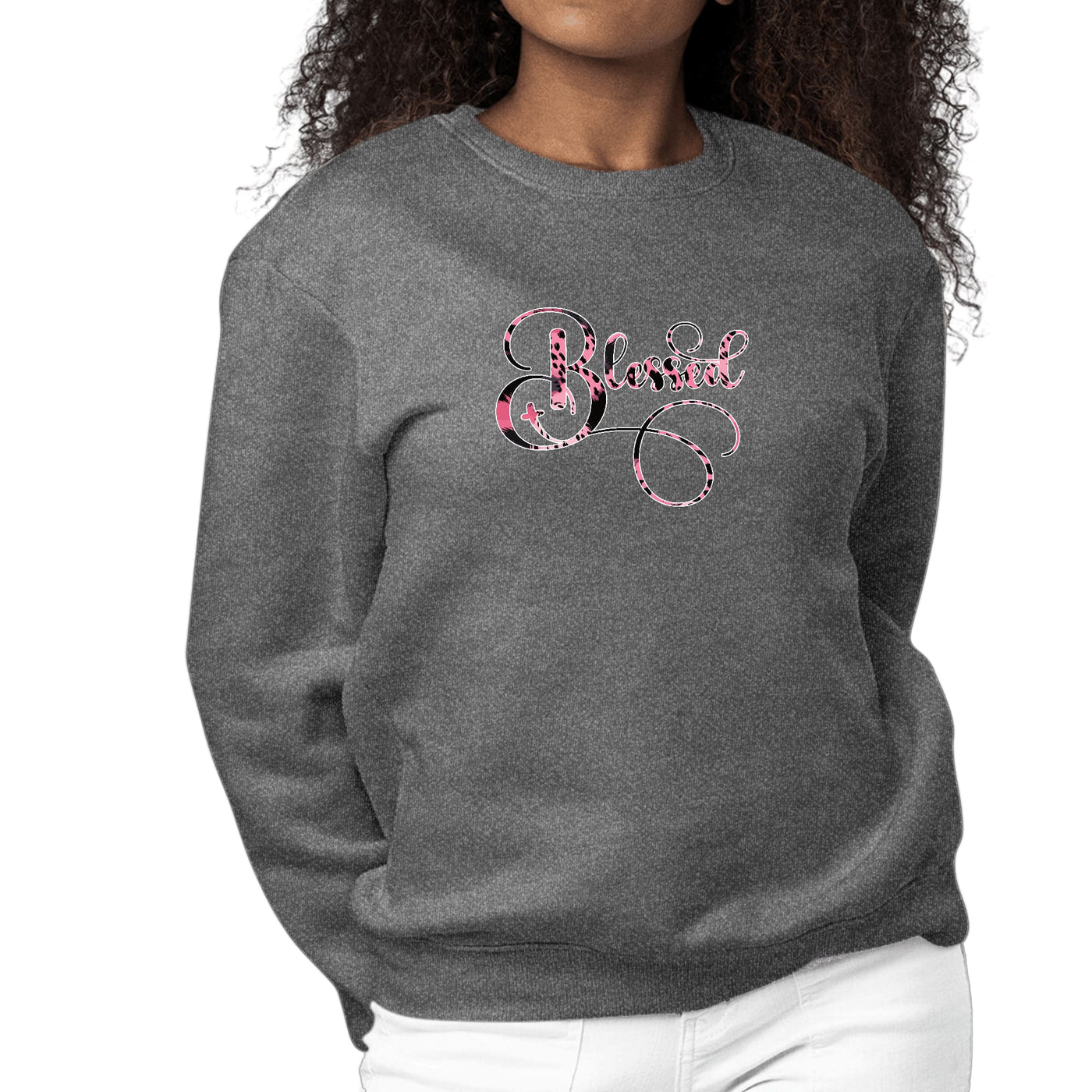 Womens Graphic Sweatshirt Blessed Pink And Black Patterned Graphic - Womens