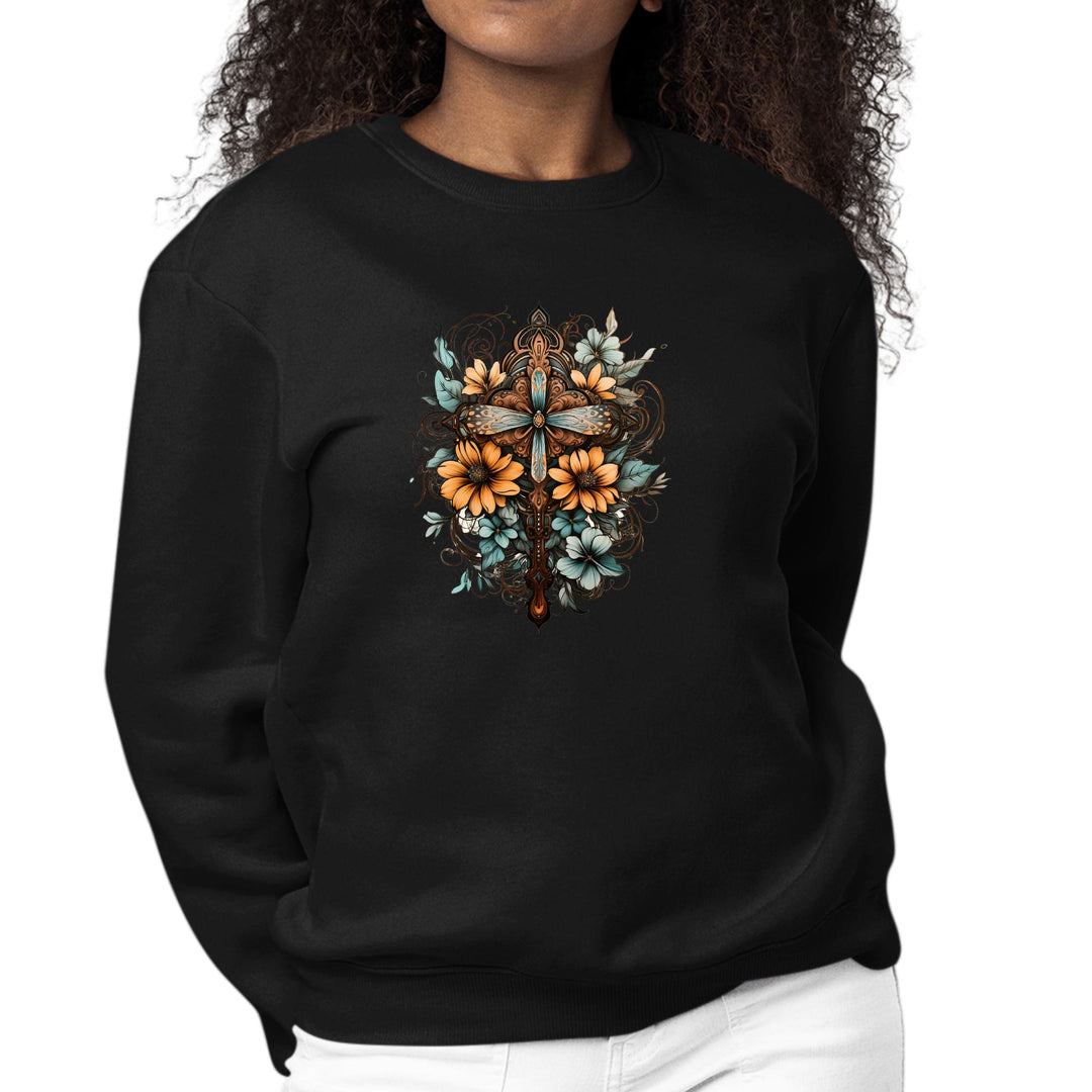 Womens Graphic Sweatshirt Christian Cross Floral Bouquet Brown - Womens