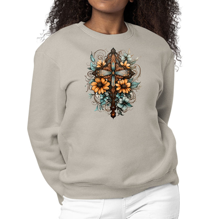 Womens Graphic Sweatshirt Christian Cross Floral Bouquet Brown - Womens