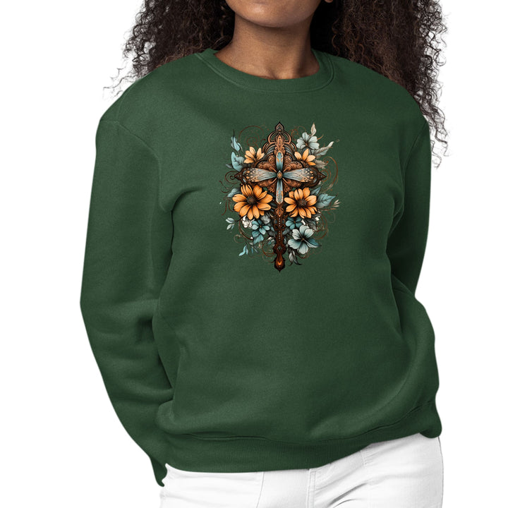 Womens Graphic Sweatshirt Christian Cross Floral Bouquet Brown - Womens