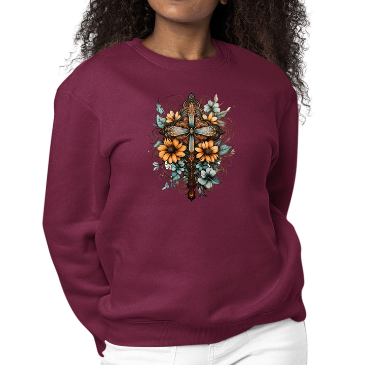 Womens Graphic Sweatshirt Christian Cross Floral Bouquet Brown - Womens