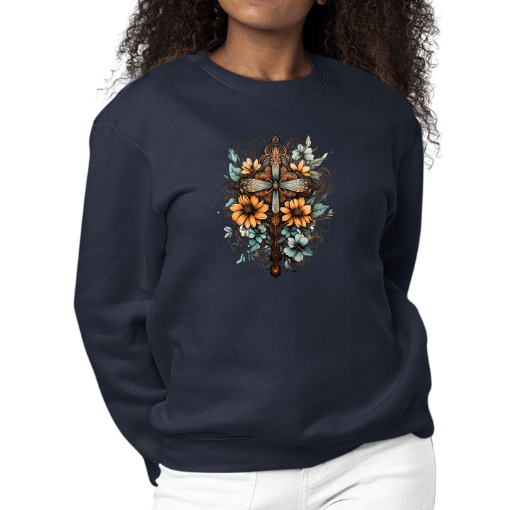 Womens Graphic Sweatshirt Christian Cross Floral Bouquet Brown - Womens