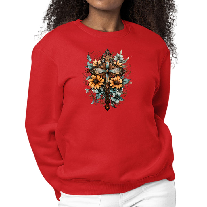 Womens Graphic Sweatshirt Christian Cross Floral Bouquet Brown - Womens