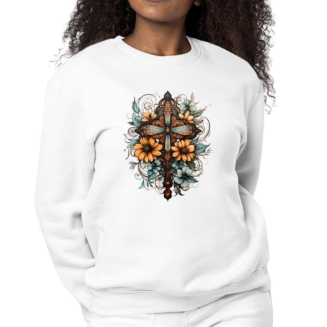 Womens Graphic Sweatshirt Christian Cross Floral Bouquet Brown - Womens