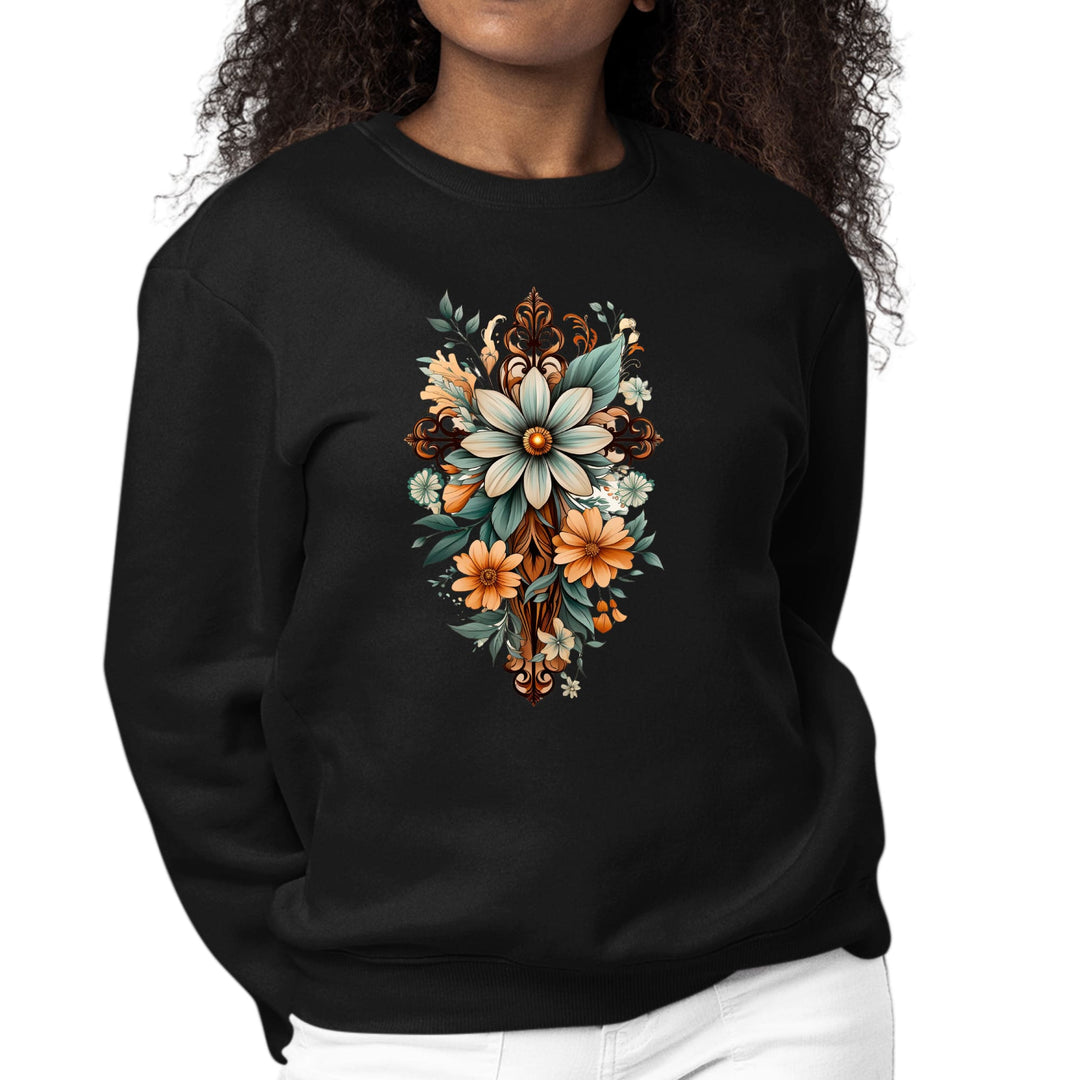 Womens Graphic Sweatshirt Christian Cross Floral Bouquet Green - Womens