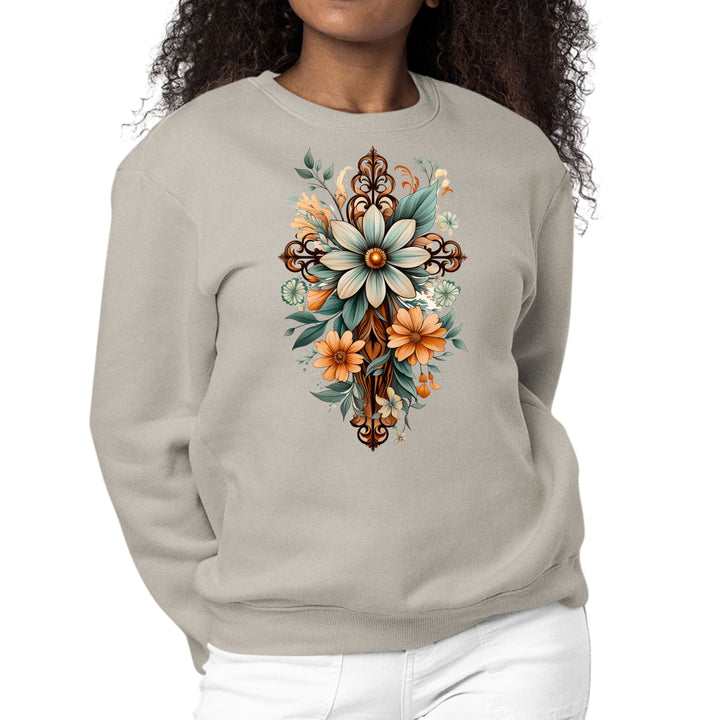 Womens Graphic Sweatshirt Christian Cross Floral Bouquet Green - Womens