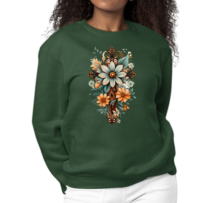 Womens Graphic Sweatshirt Christian Cross Floral Bouquet Green - Womens