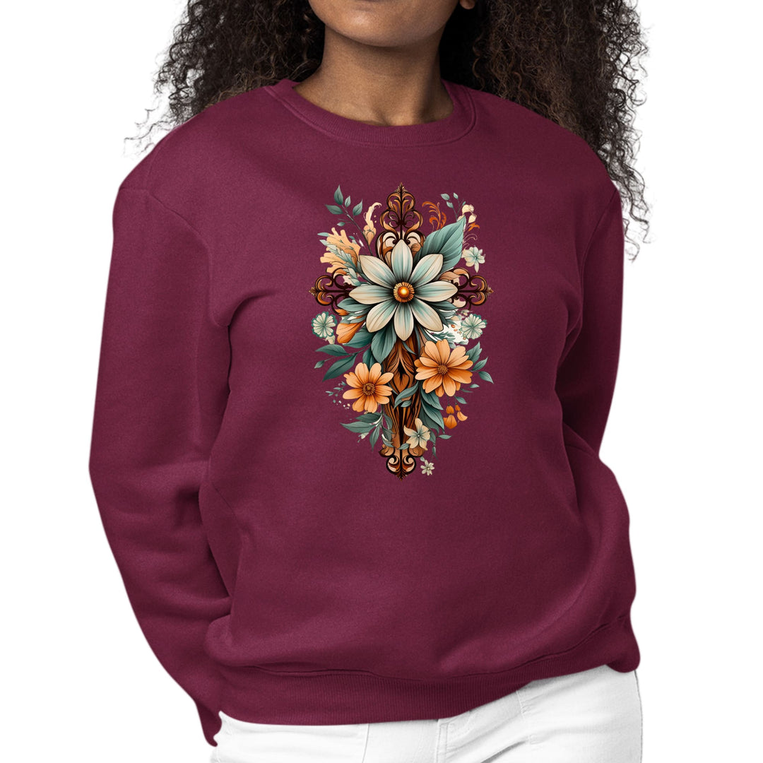 Womens Graphic Sweatshirt Christian Cross Floral Bouquet Green - Womens