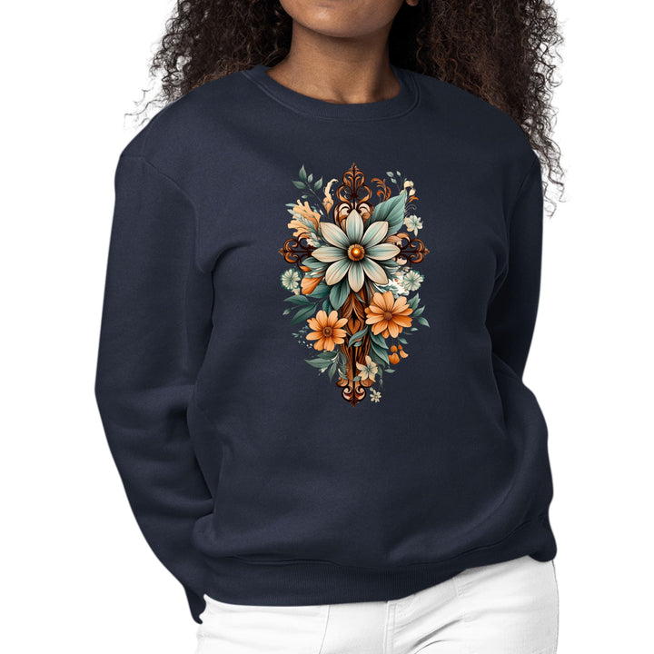 Womens Graphic Sweatshirt Christian Cross Floral Bouquet Green - Womens