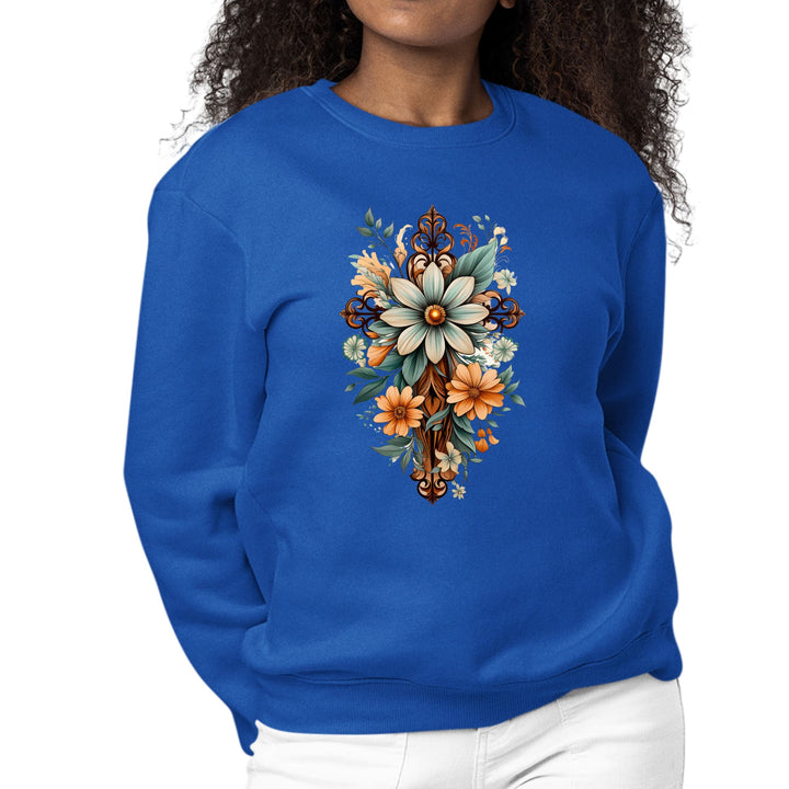 Womens Graphic Sweatshirt Christian Cross Floral Bouquet Green - Womens