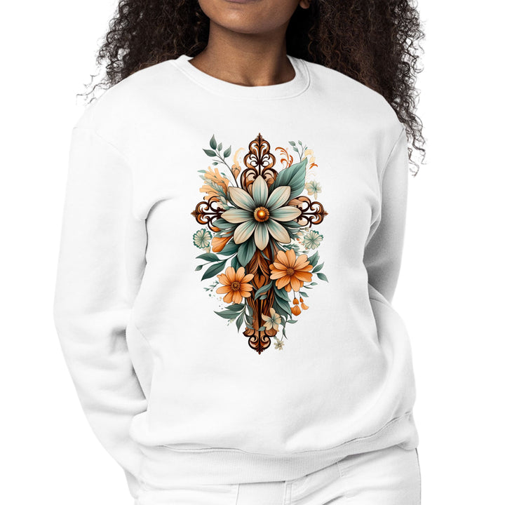 Womens Graphic Sweatshirt Christian Cross Floral Bouquet Green - Womens