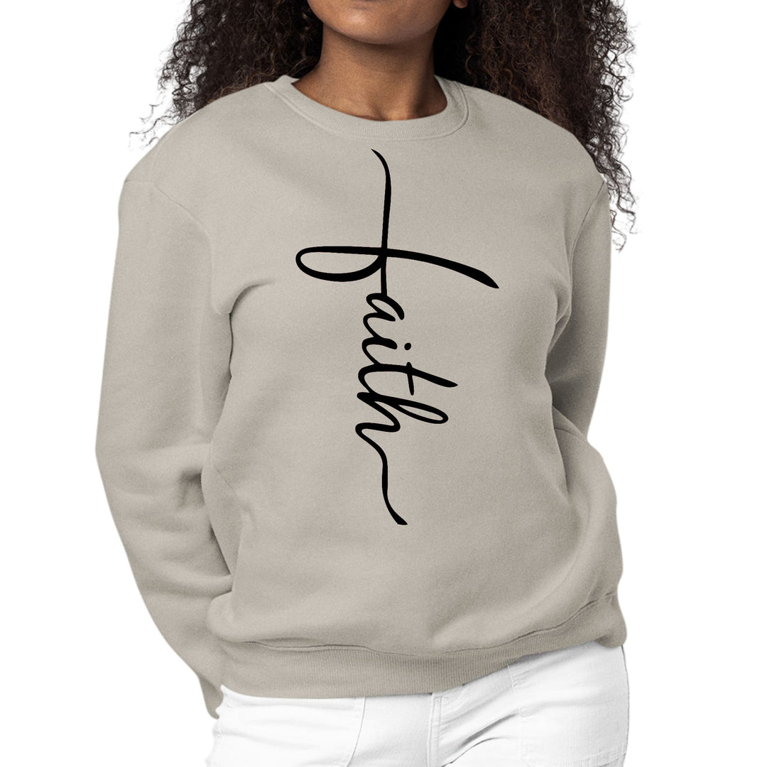 Womens Graphic Sweatshirt Faith Script Cross Black Illustration - Womens