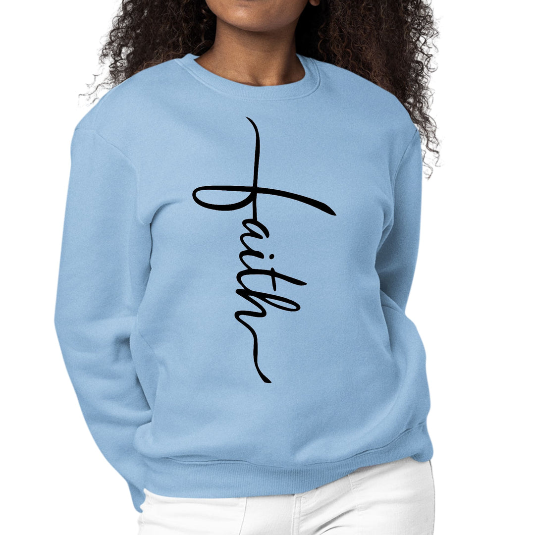 Womens Graphic Sweatshirt Faith Script Cross Black Illustration - Womens