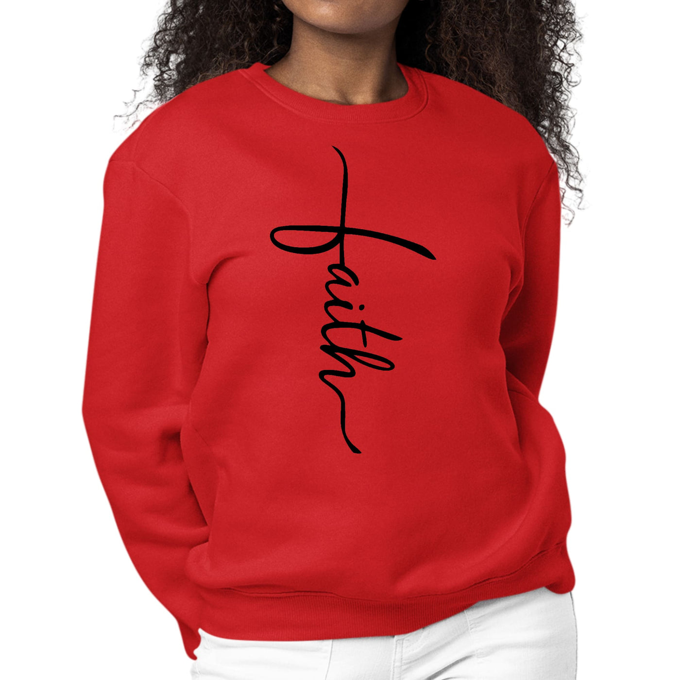 Womens Graphic Sweatshirt Faith Script Cross Black Illustration - Womens