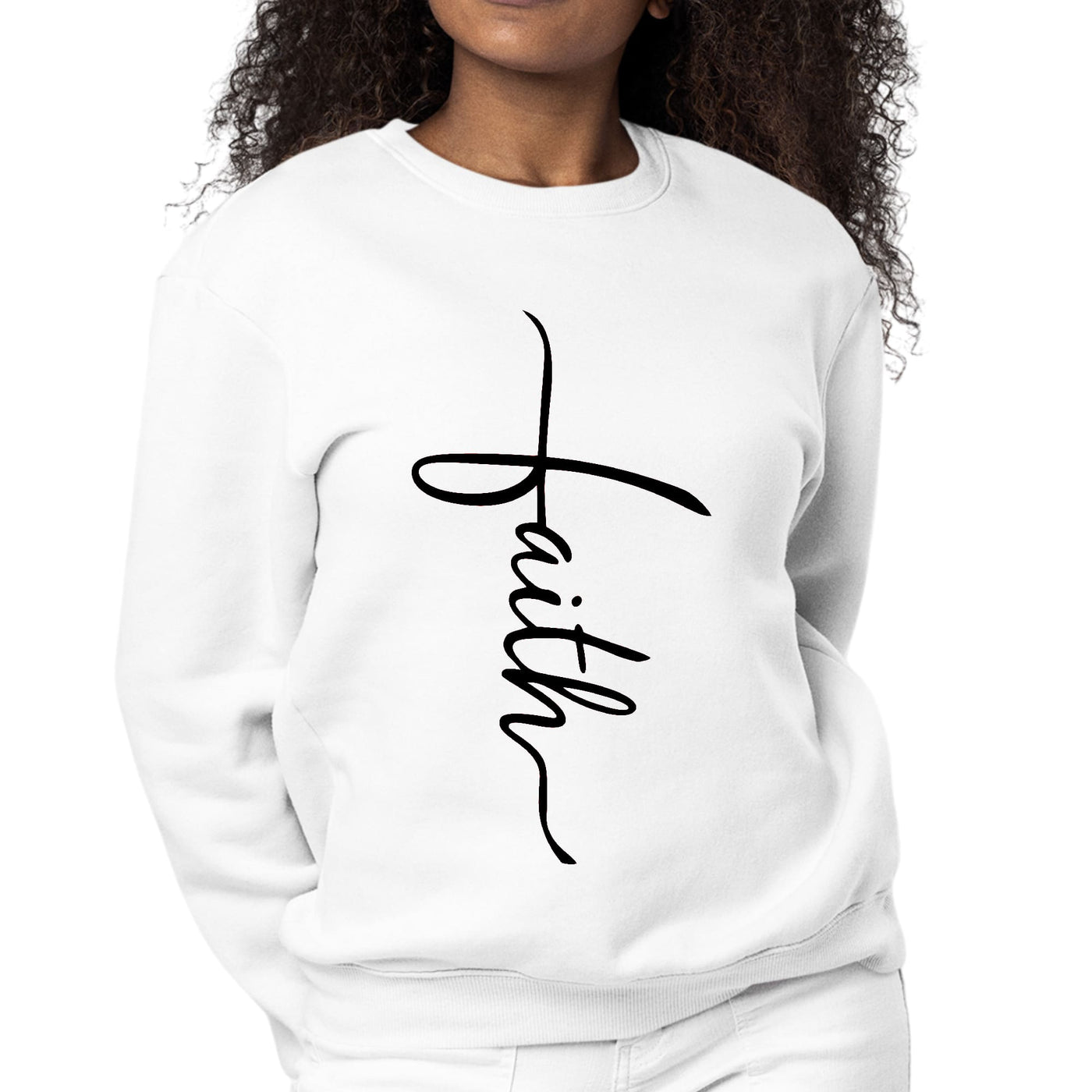 Womens Graphic Sweatshirt Faith Script Cross Black Illustration - Womens