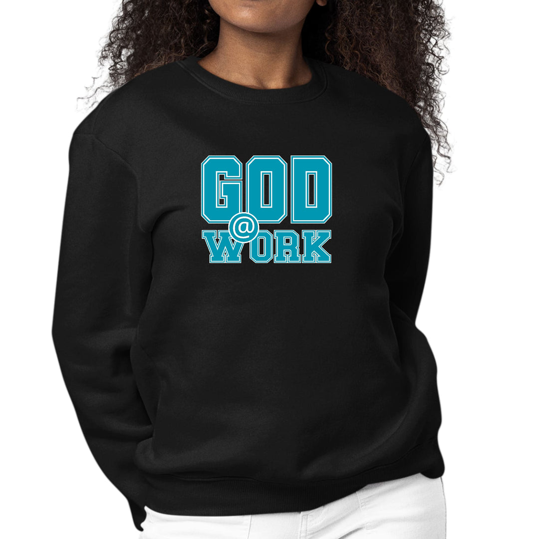 Womens Graphic Sweatshirt God @ Work Blue Green and White Print - Womens