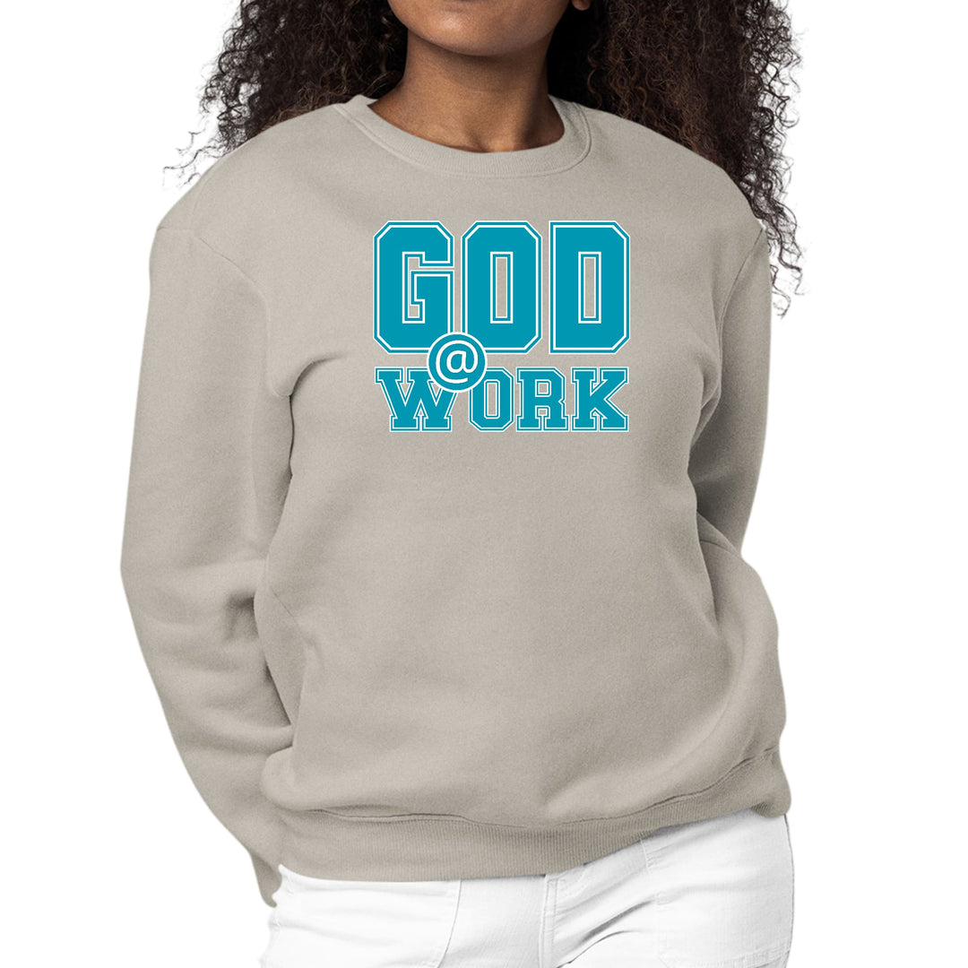 Womens Graphic Sweatshirt God @ Work Blue Green and White Print - Womens