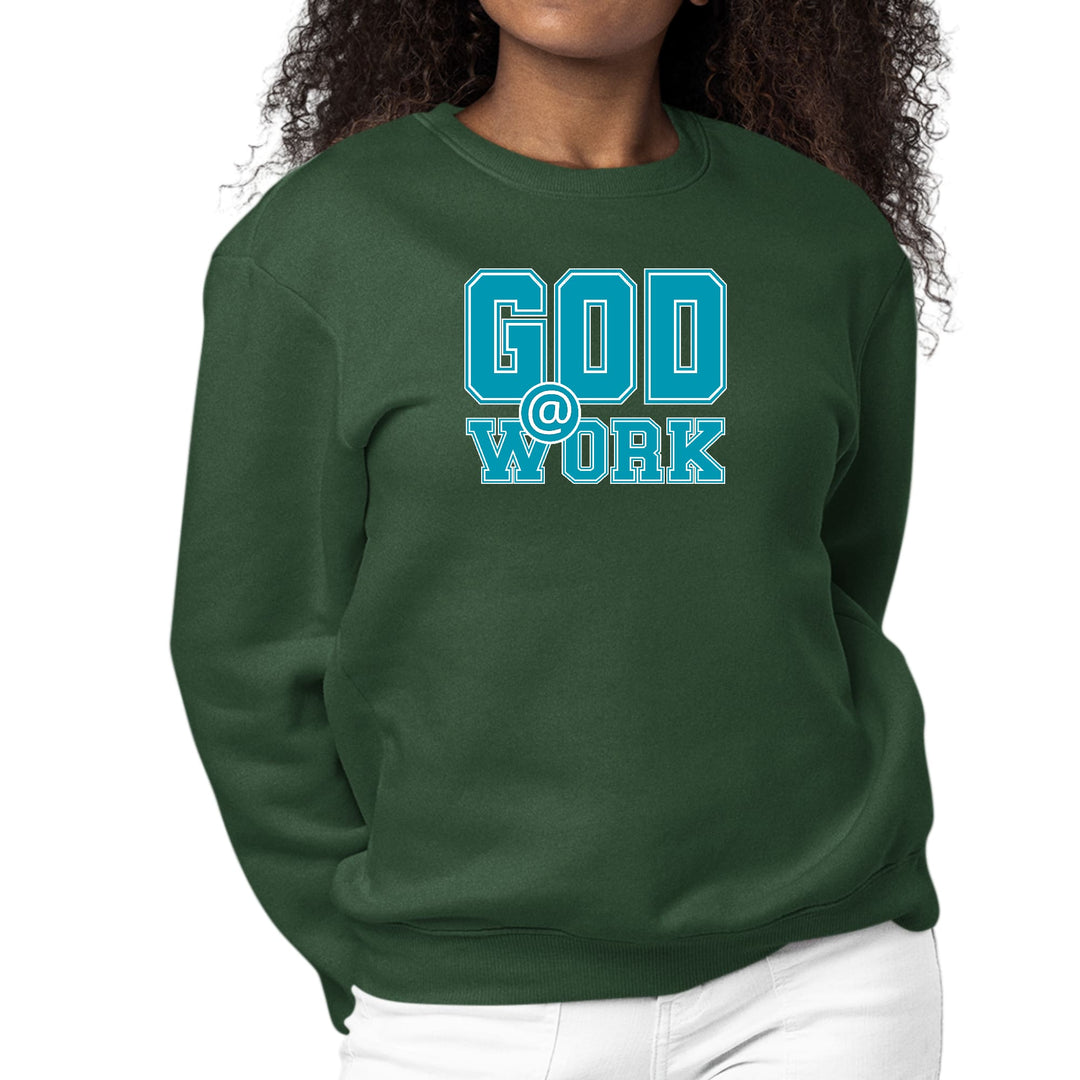 Womens Graphic Sweatshirt God @ Work Blue Green and White Print - Womens