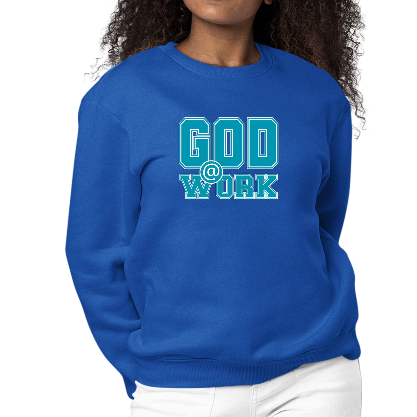 Womens Graphic Sweatshirt God @ Work Blue Green And White Print - Womens