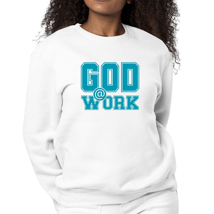 Womens Graphic Sweatshirt God @ Work Blue Green and White Print - Womens