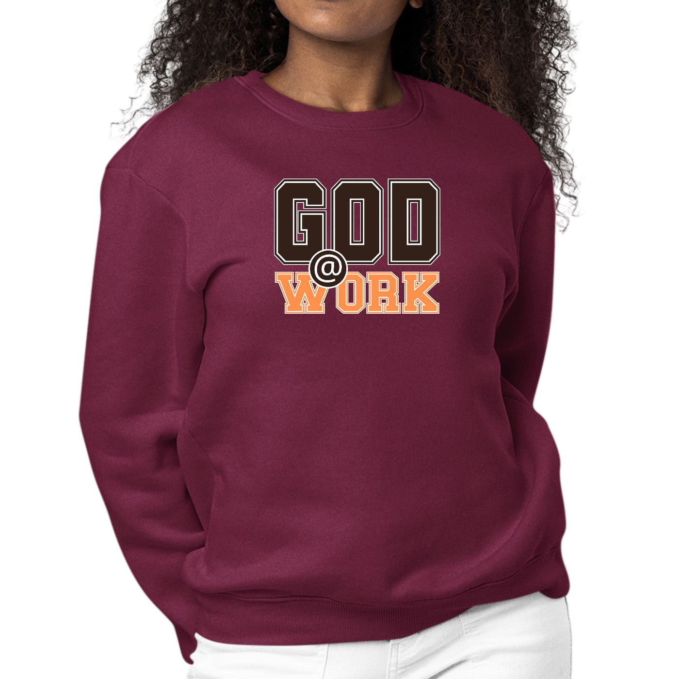 Womens Graphic Sweatshirt God @ Work Brown And Orange Print - Womens