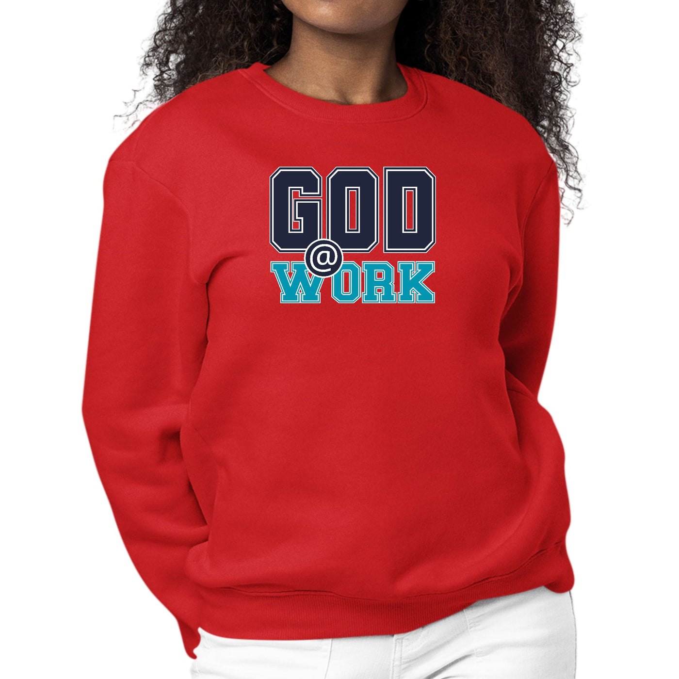 Womens Graphic Sweatshirt God @ Work Navy Blue And Blue Green Print - Womens