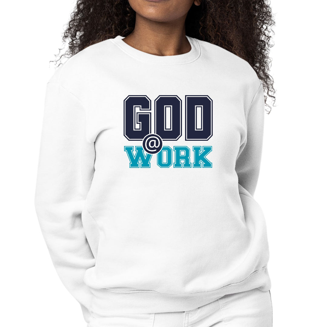 Womens Graphic Sweatshirt God @ Work Navy Blue and Blue Green Print - Womens