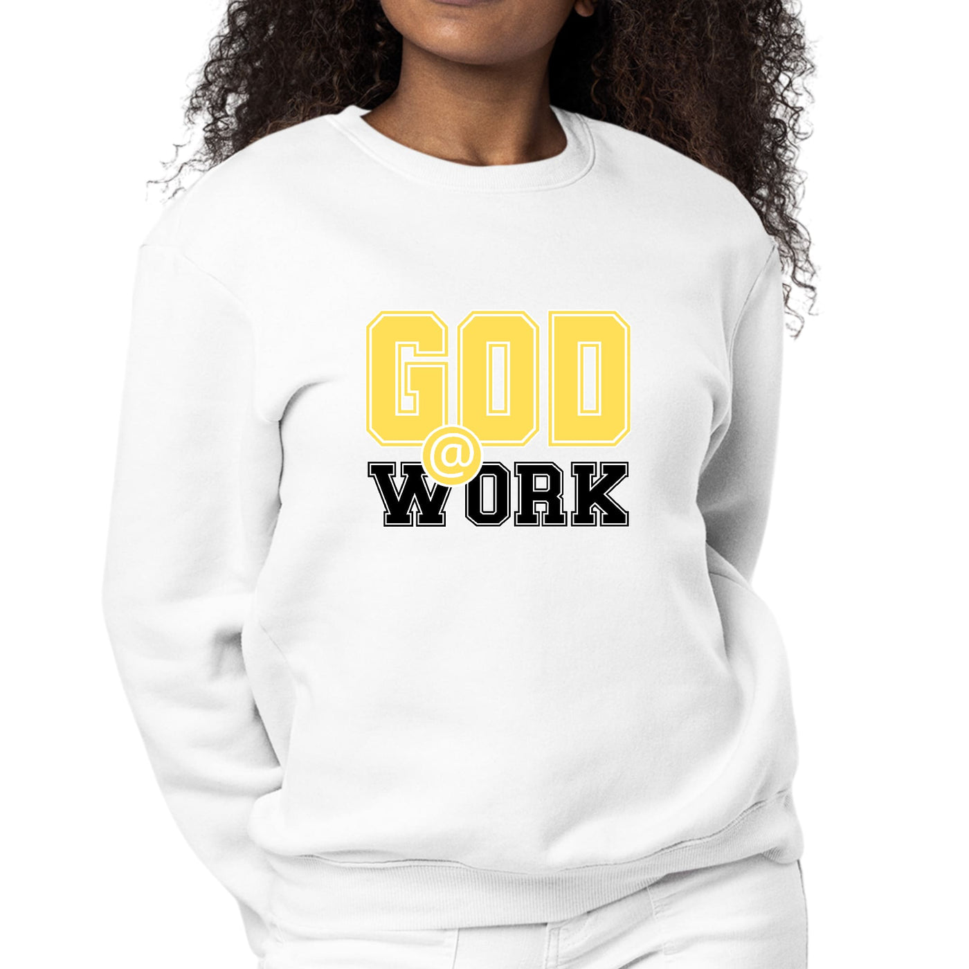 Womens Graphic Sweatshirt God @ Work Yellow And Black Print - Womens