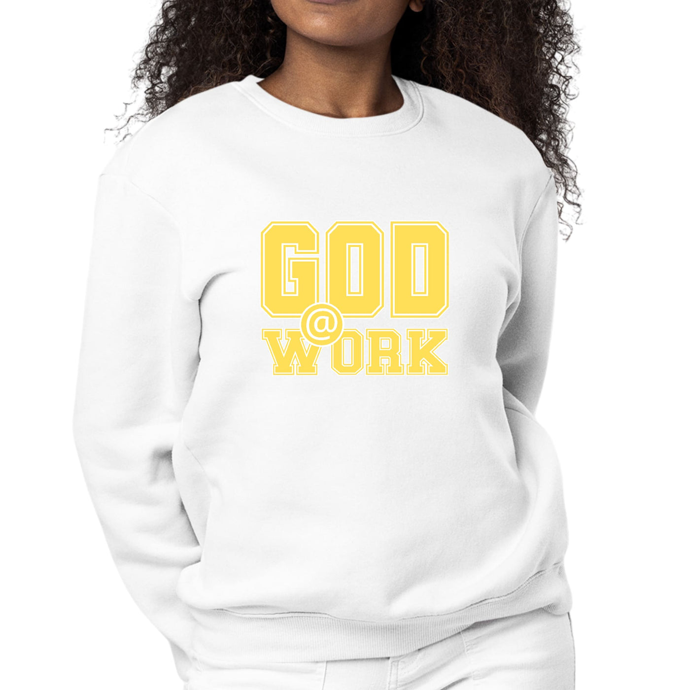 Womens Graphic Sweatshirt God @ Work Yellow And White Print - Womens