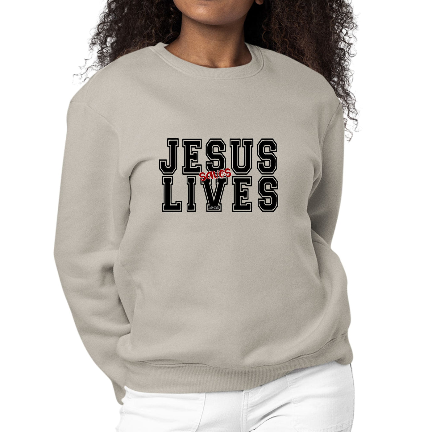 Womens Graphic Sweatshirt Jesus Saves Lives Black Red Illustration - Sweatshirts