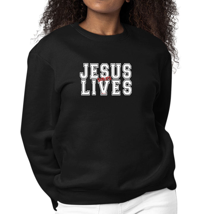 Womens Graphic Sweatshirt Jesus Saves Lives White Red Illustration - Womens