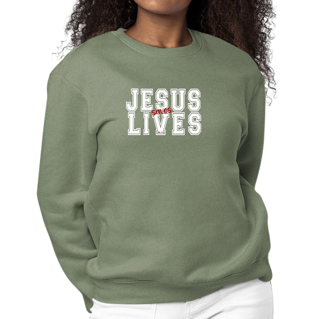 Womens Graphic Sweatshirt Jesus Saves Lives White Red Illustration - Womens