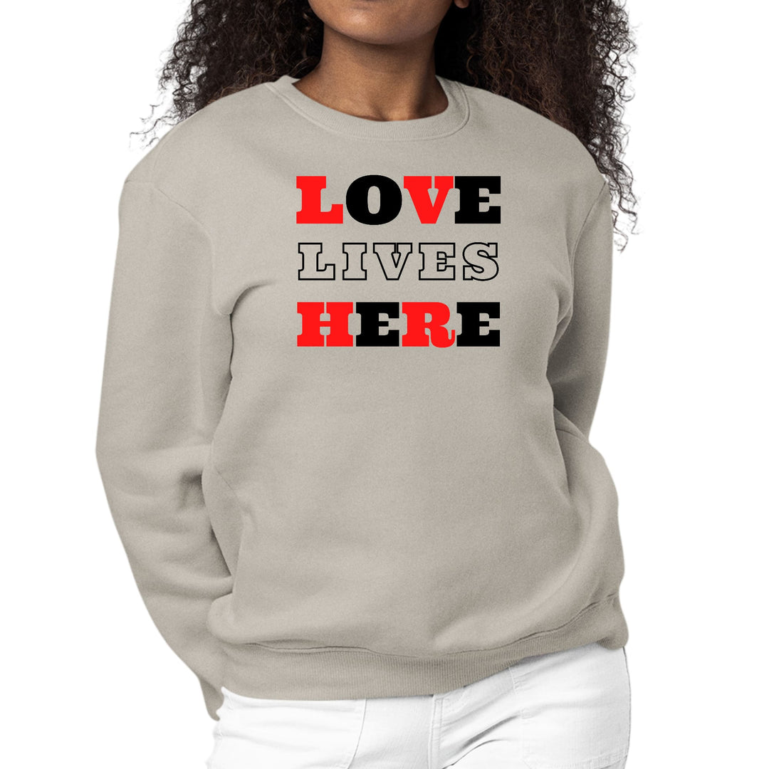 Womens Graphic Sweatshirt Love Lives Here Christian Red Black - Womens