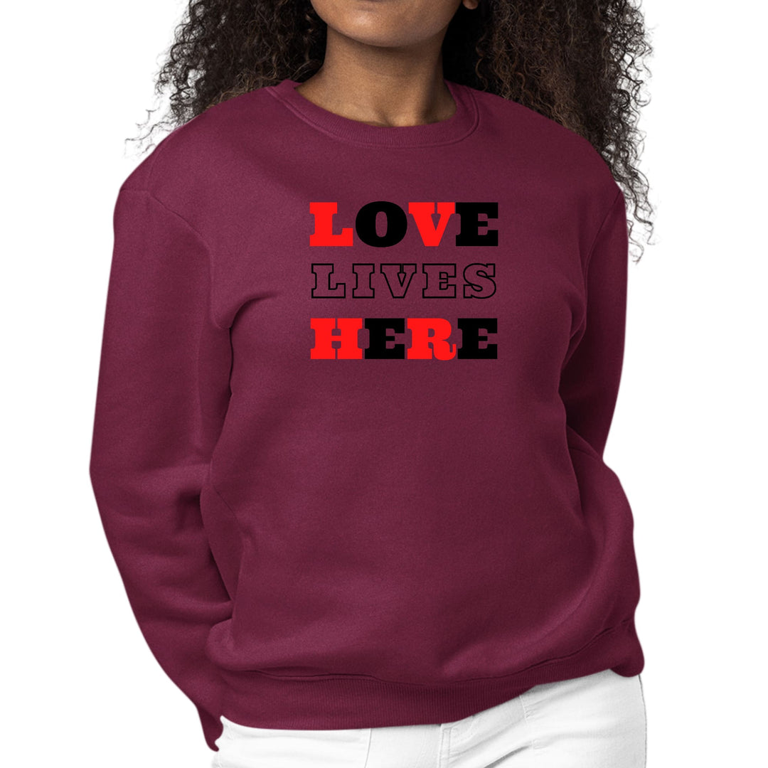 Womens Graphic Sweatshirt Love Lives Here Christian Red Black - Womens