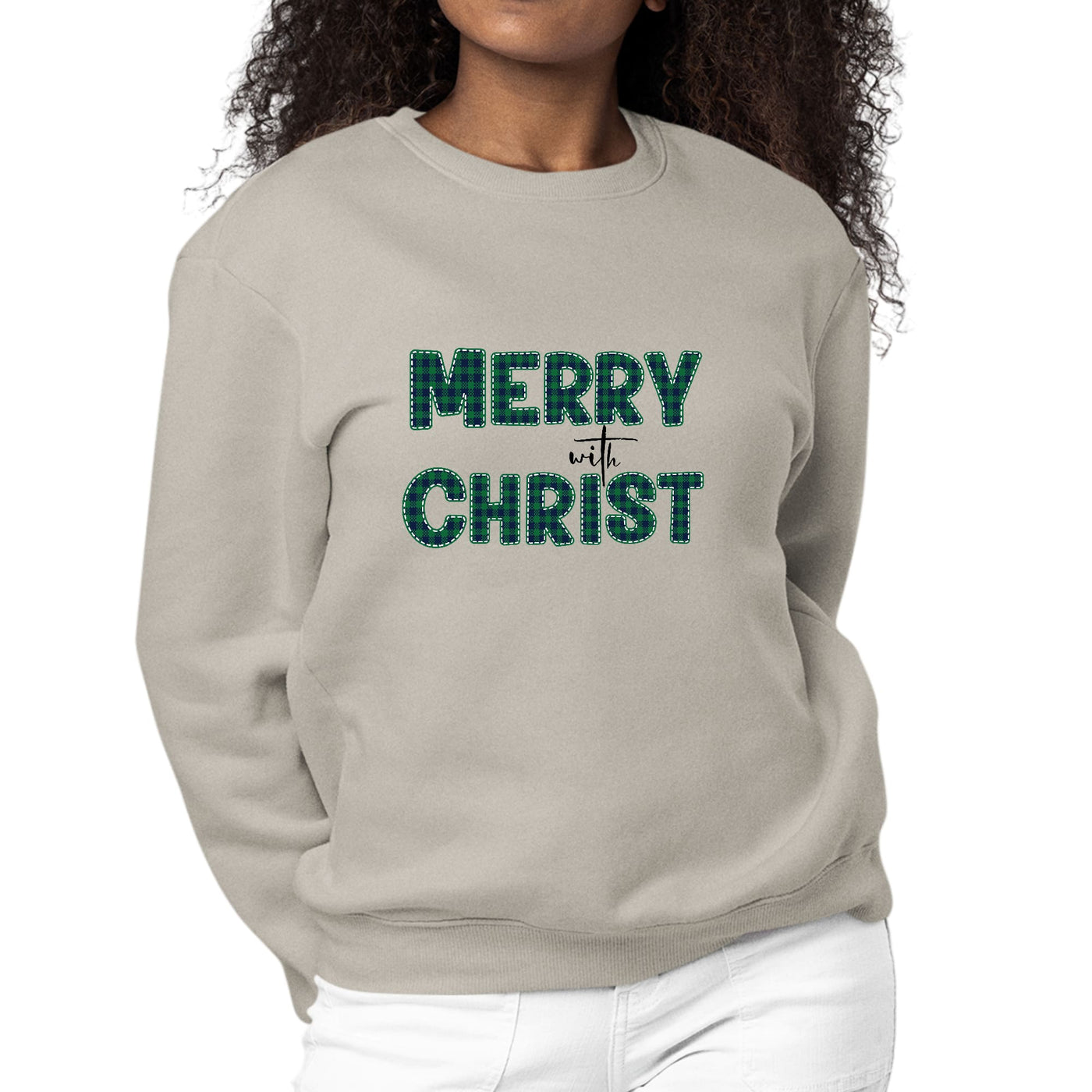 Womens Graphic Sweatshirt Merry With Christ Green Plaid Christmas - Sweatshirts