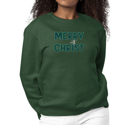 Womens Graphic Sweatshirt Merry With Christ Green Plaid Christmas - Womens