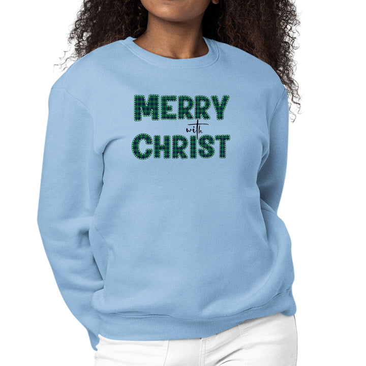 Womens Graphic Sweatshirt Merry with Christ Green Plaid Christmas - Womens